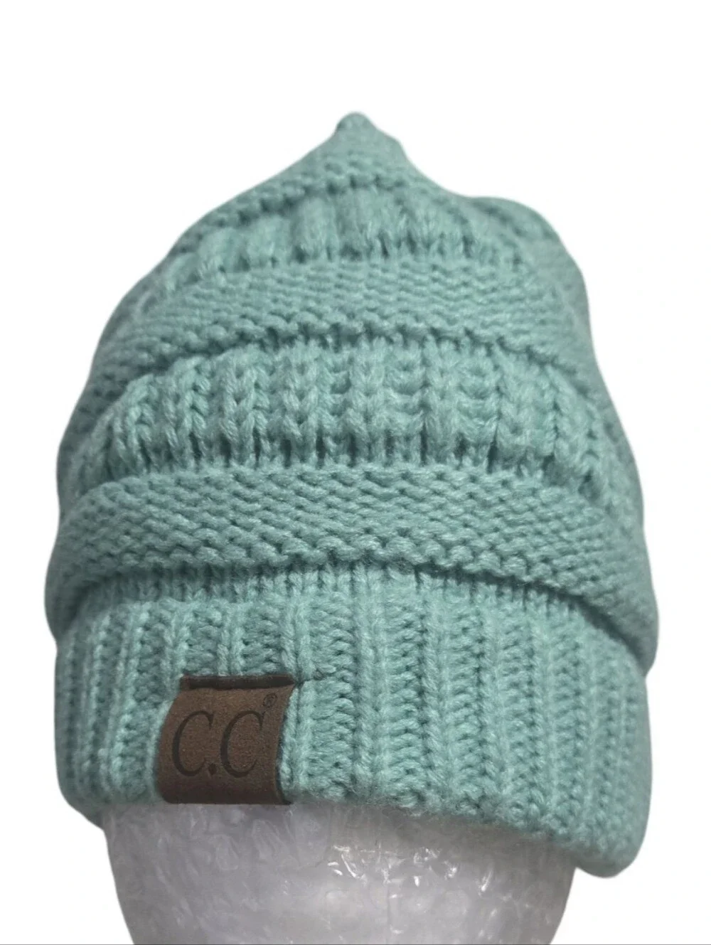 C.C Women's Green Ribbed Knit Beanie Cable Knit Fitted Winter Outdoors